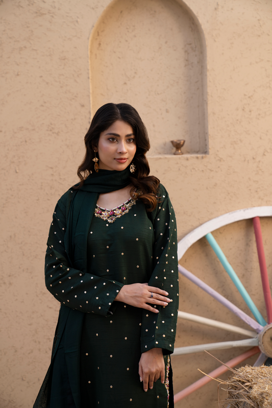 Deep Forest Green Embroidered 3-Piece Premium Suit