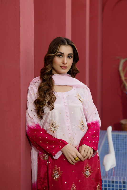 Embellished Dip-Dye Pink & Maroon 3-Piece Lawn Suit for Women
