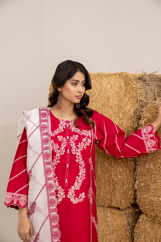Crimson Red Embroidered 3-Piece Premium Lawn Suit for Women