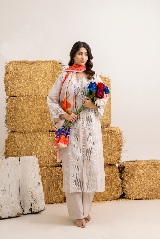 Embroidered Pastel Beige Lawn Ensemble with Printed Dupatta