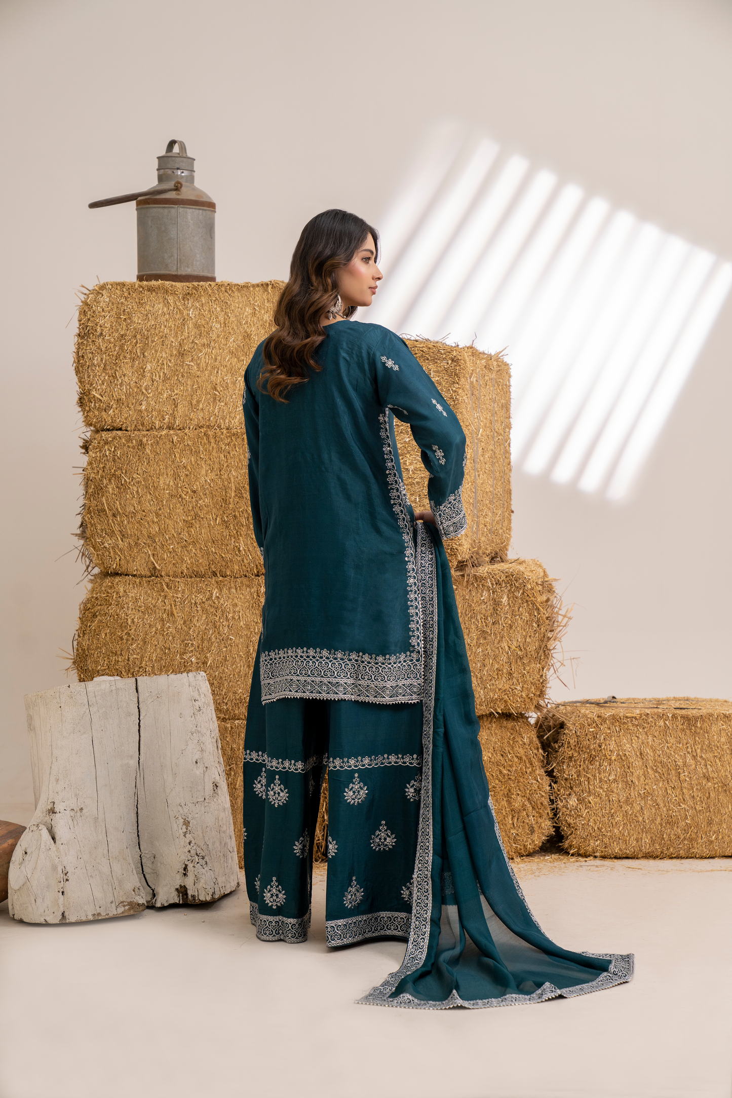 Teal Elegance Embroidered 3-Piece Women’s Suit