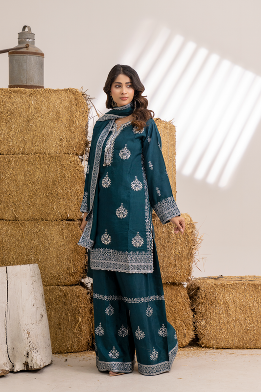 Teal Elegance Embroidered 3-Piece Women’s Suit