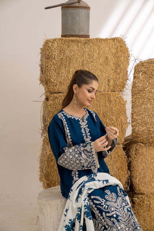 Navy Blue Embroidered 3-Piece Unstitched Lawn Suit with Printed Dupatta