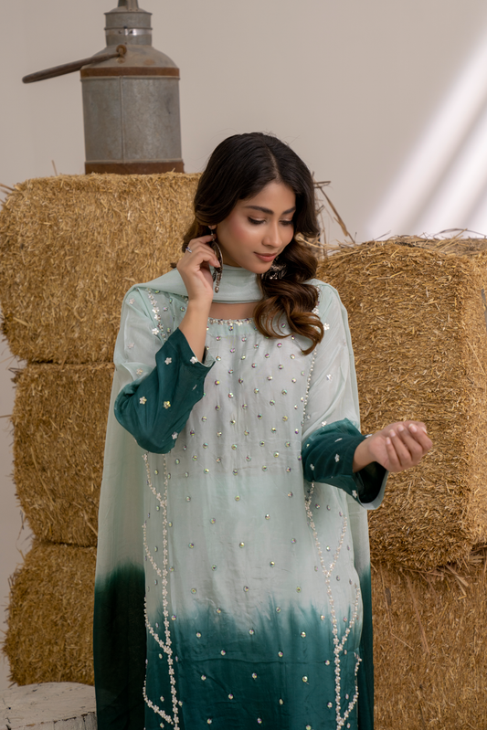 Emerald Mist Pearl-Embellished Ombre Lawn Suit