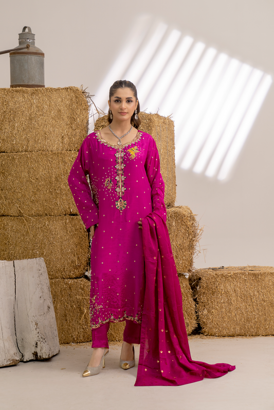 Magenta Blossom Embellished 3-Piece Festive Suit