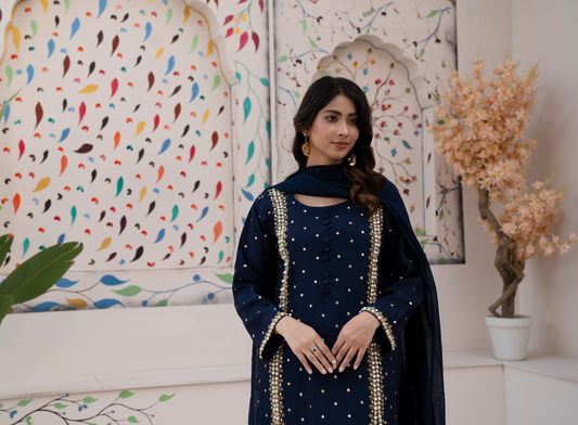 Navy Blue Mirror-Work Embellished 3-Piece Formal Suit