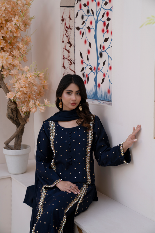 Navy Blue Mirror-Work Embellished 3-Piece Formal Suit