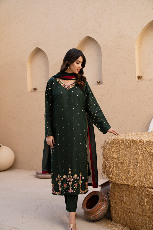 Deep Forest Green Embroidered 3-Piece Premium Suit