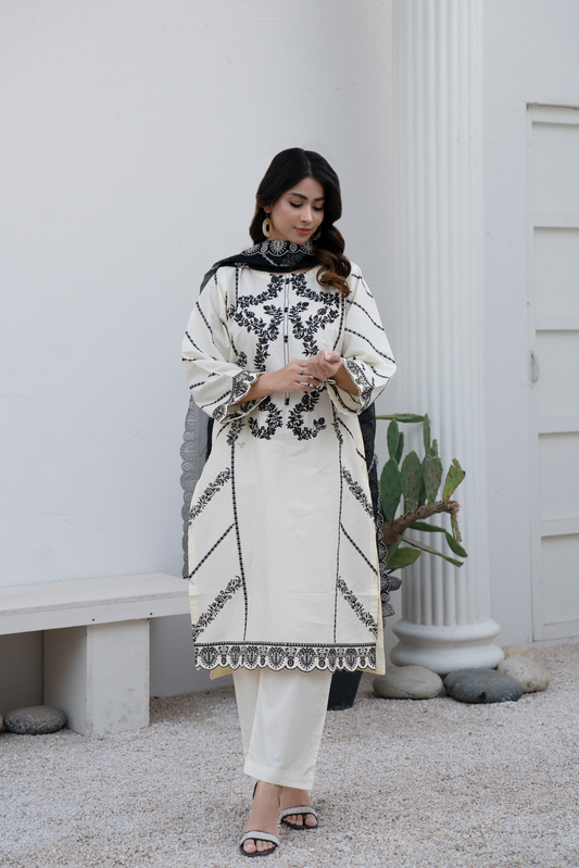 🖤 Classic Ivory & Black Embroidered Winter Cotton Suit