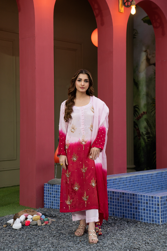 Embellished Dip-Dye Pink & Maroon 3-Piece Lawn Suit for Women