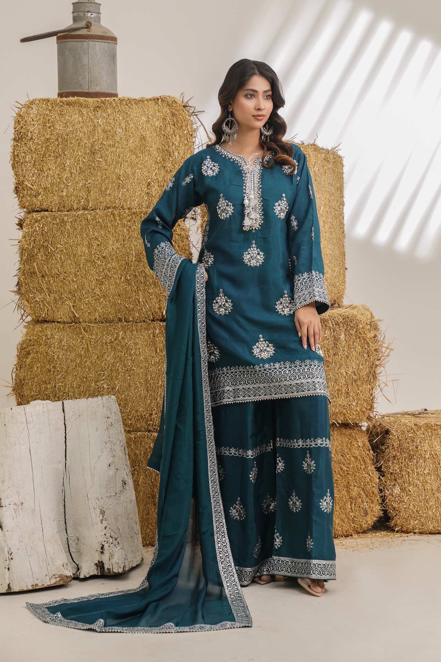 Teal Elegance Embroidered 3-Piece Women’s Suit