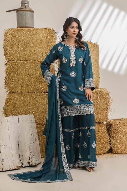 Teal Elegance Embroidered 3-Piece Women’s Suit