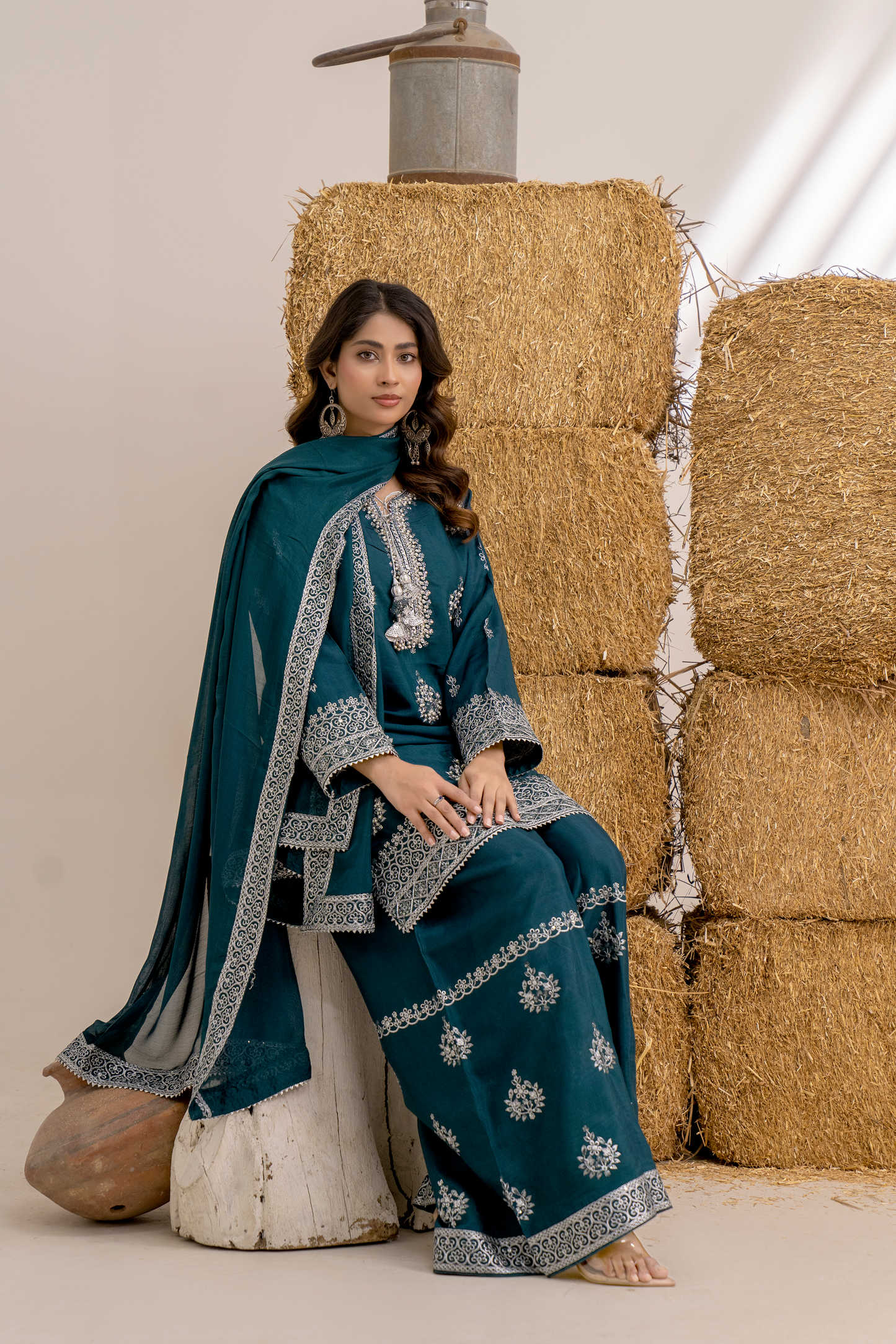 Teal Elegance Embroidered 3-Piece Women’s Suit