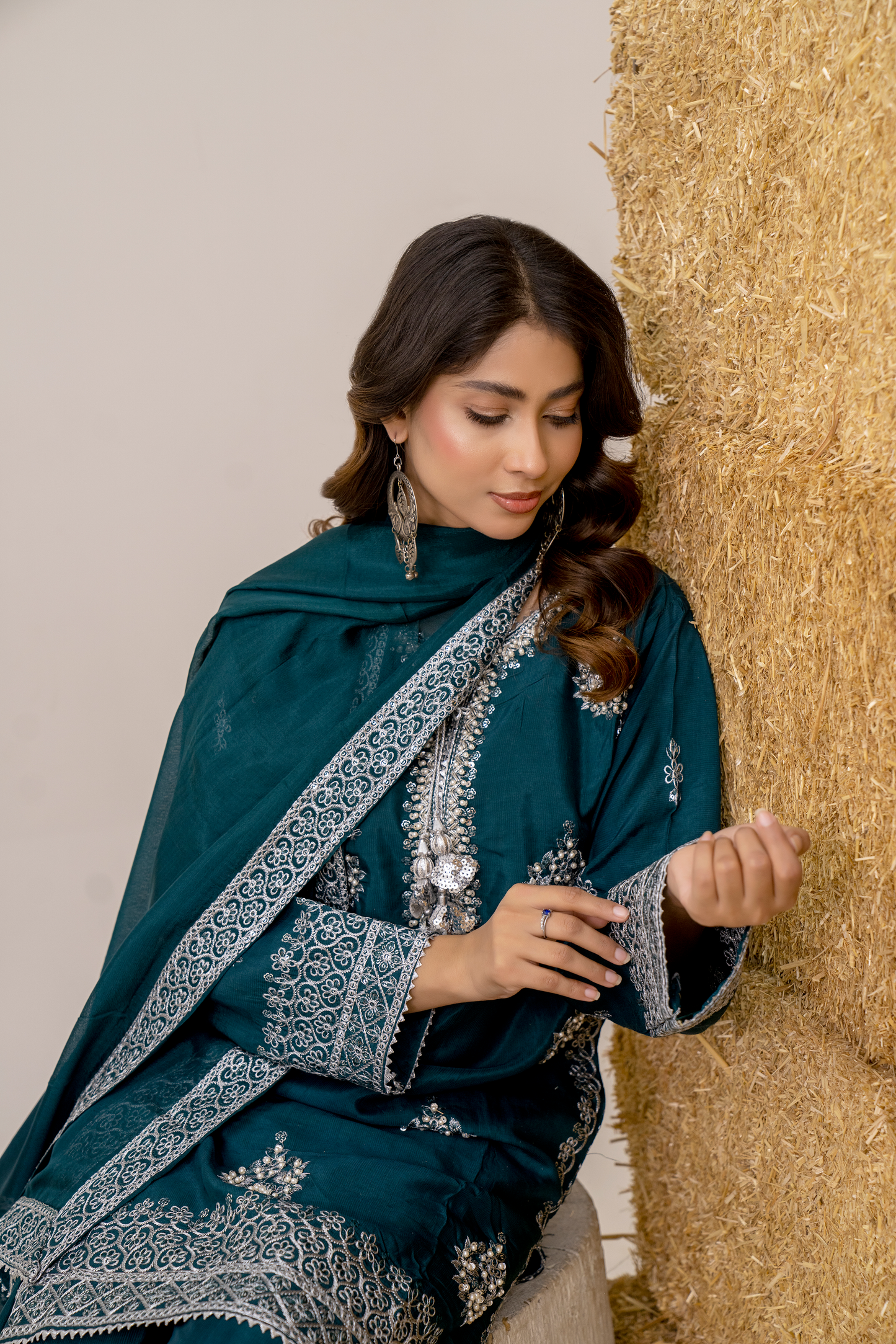 Teal Elegance Embroidered 3-Piece Women’s Suit