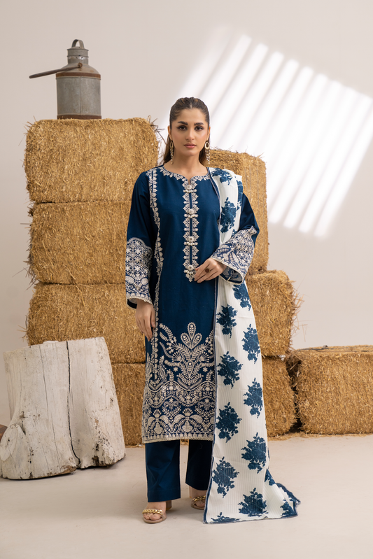 Navy Blue Embroidered 3-Piece Unstitched Lawn Suit with Printed Dupatta