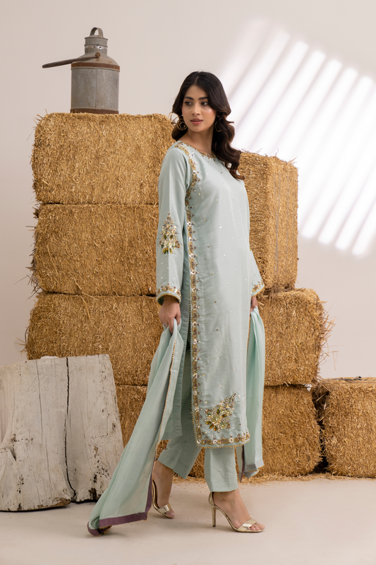 Pastel Mint Embellished 3-Piece Silk Suit for Women