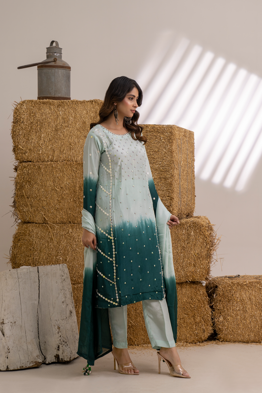 Emerald Mist Pearl-Embellished Ombre Lawn Suit